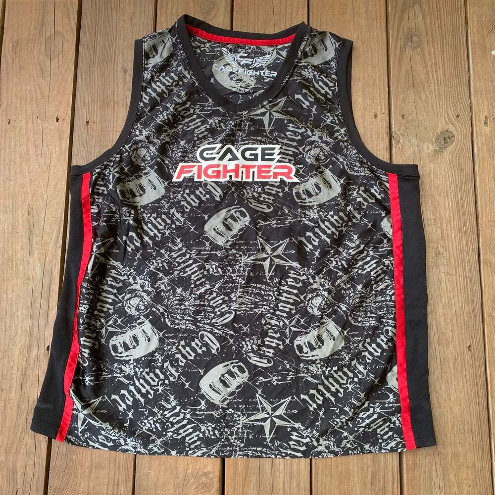 Cage Fighter All-Over Print Graphic MMA Tank Top Jersey Black Red Men's XL